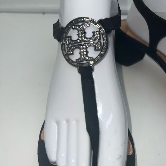 Tory Burch Suede T Strap Rhinestone Logo Sandals - Picture 2 of 15